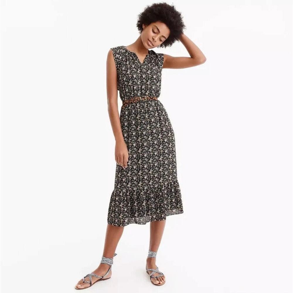 J.Crew Women's Black Floral Sleeveless Ruffle Peasant Blouson Midi Dress Size XS